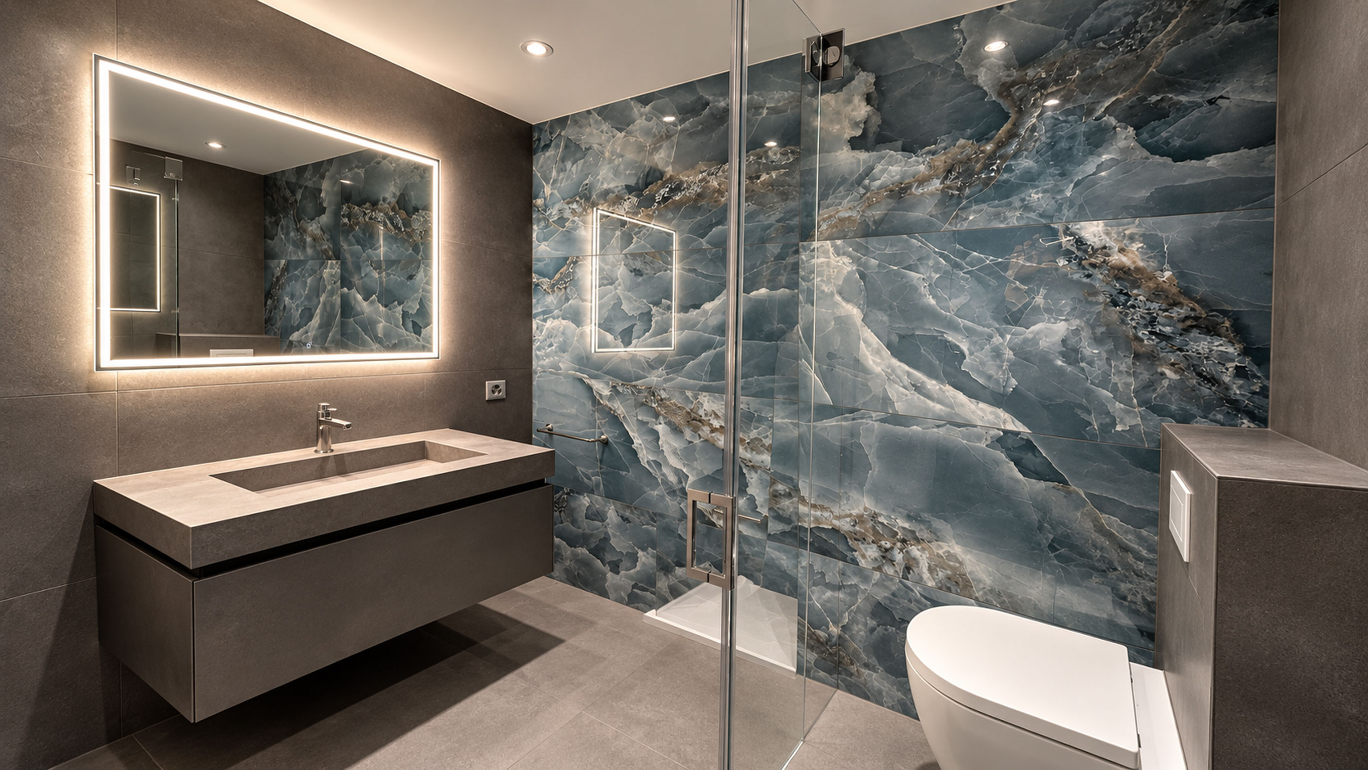Salle de bains moderne rénovée avec douche à l’italienne et équipements sanitaires par Sanitaires Calvillo à Commugny